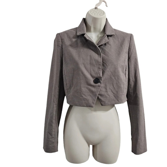 HOUSE OF HARWLOW 1960 Tan Micro Houndstooth Cropped Blazer Size XS - Picture 1 of 8